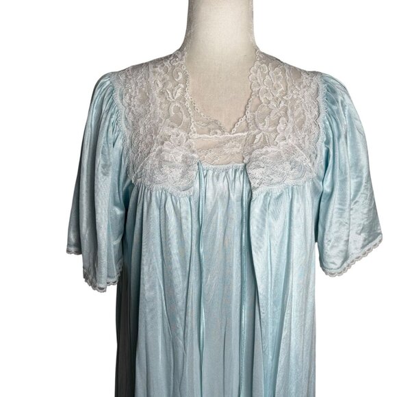 Vintage 80s Nightgown Robe Pengoir Set Medium Blue Lace Nylon Short Sleeves - Picture 2 of 10